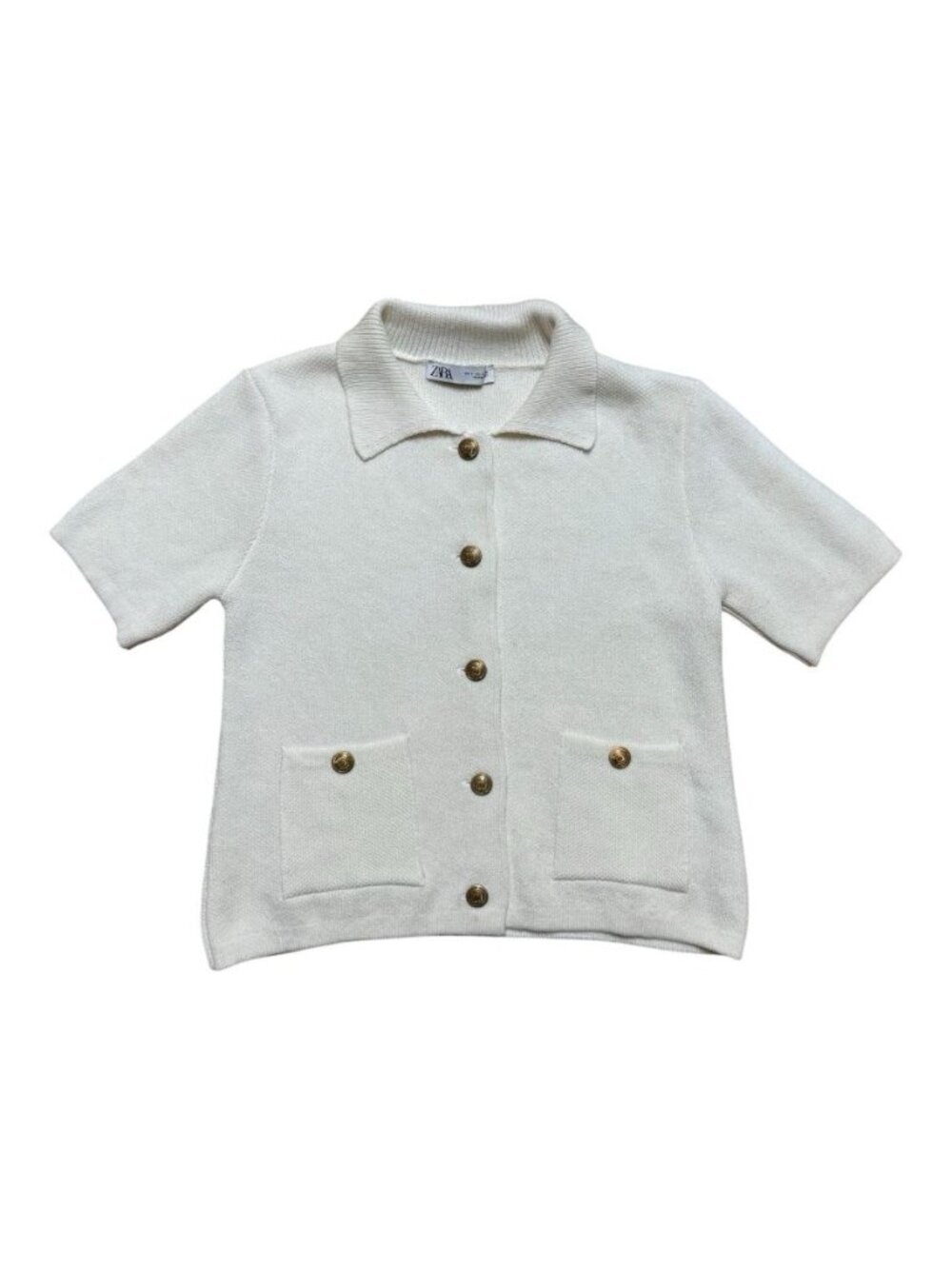 Zara White Knit Cardigan Top Gold Crest Buttons Short Sleeve Size Small